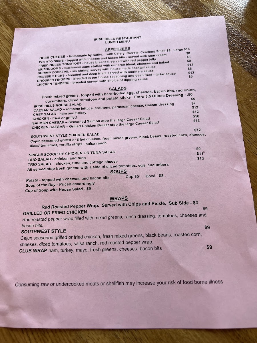 Irish Hills Restaurant and Events menu board