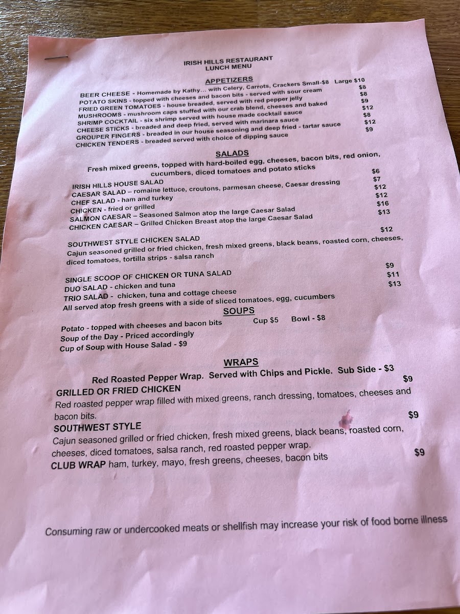 Irish Hills Restaurant and Events menu board