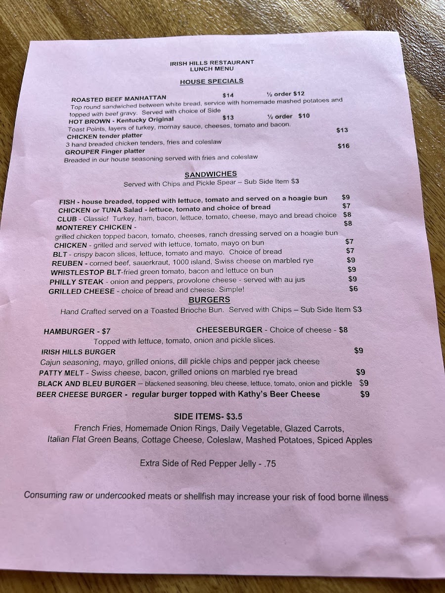 Irish Hills Restaurant and Events menu board