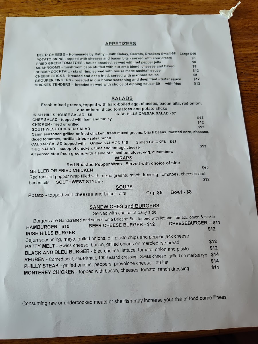 Irish Hills Restaurant and Events menu board
