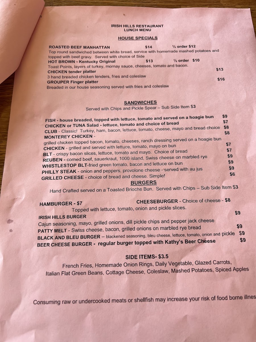 Irish Hills Restaurant and Events menu board