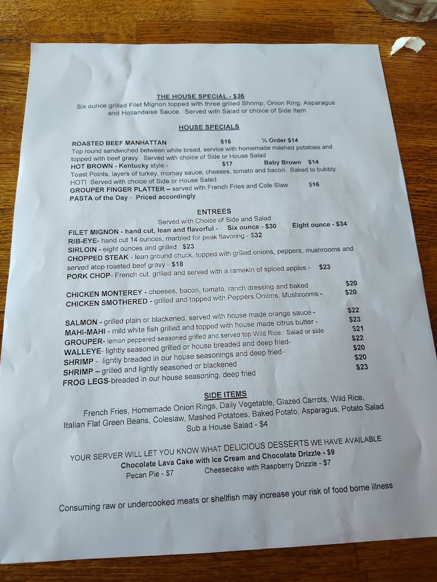 Irish Hills Restaurant and Events menu board