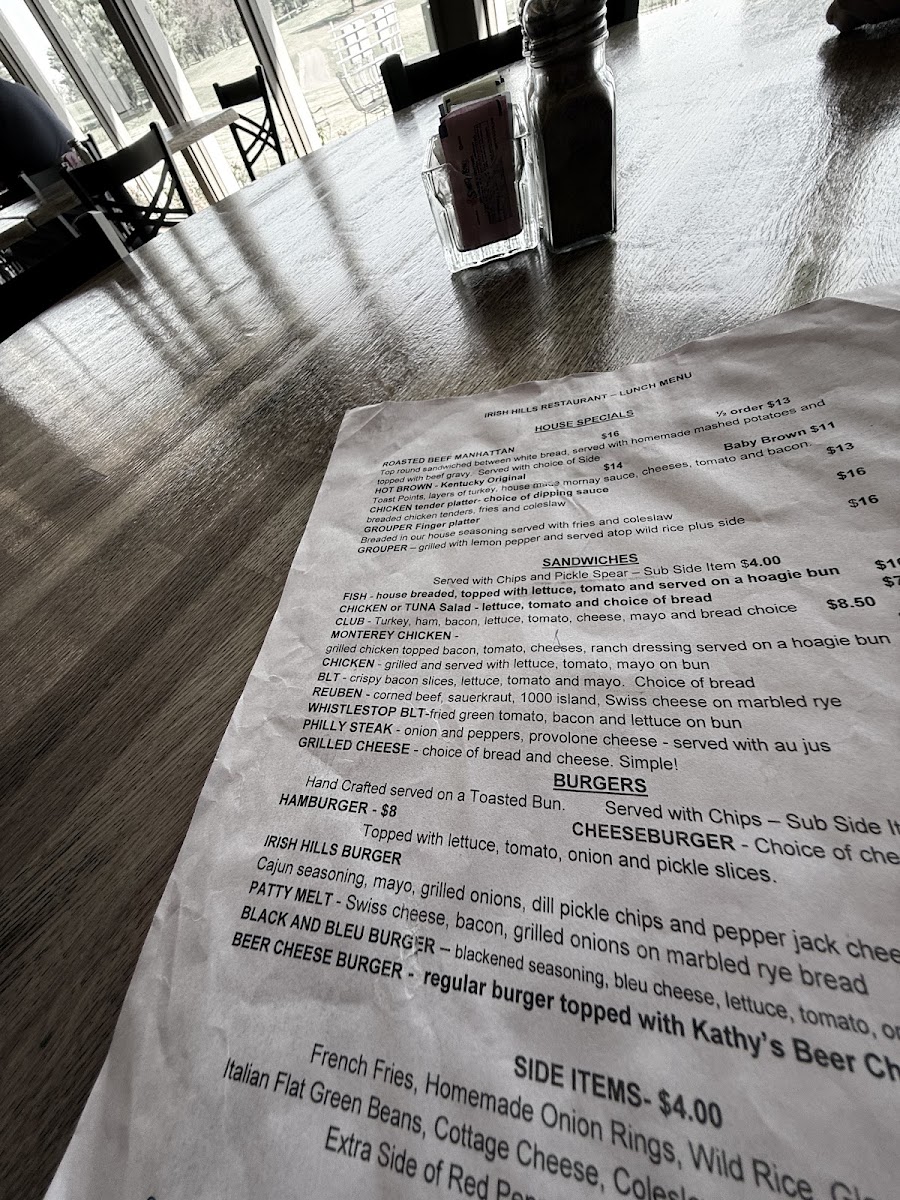 Irish Hills Restaurant and Events menu board
