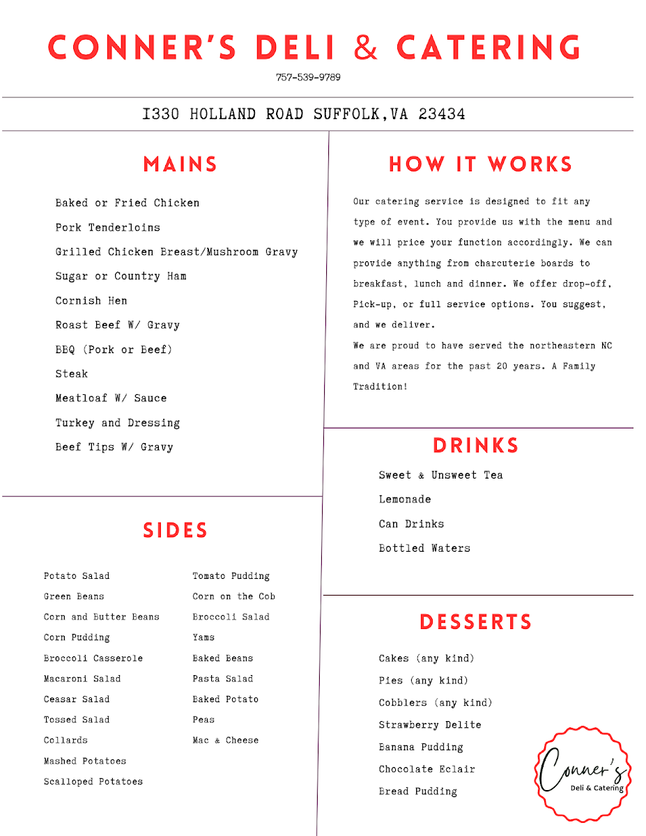 Conners Deli & Catering menu board