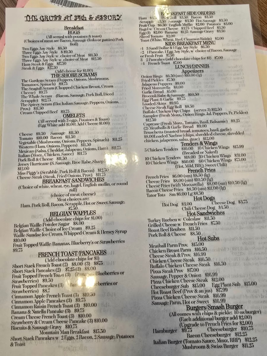 The Grubb at 34th and Asbury menu board