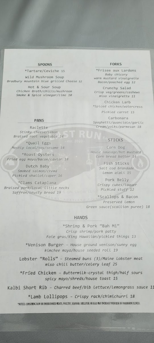 The Last Run Room menu board