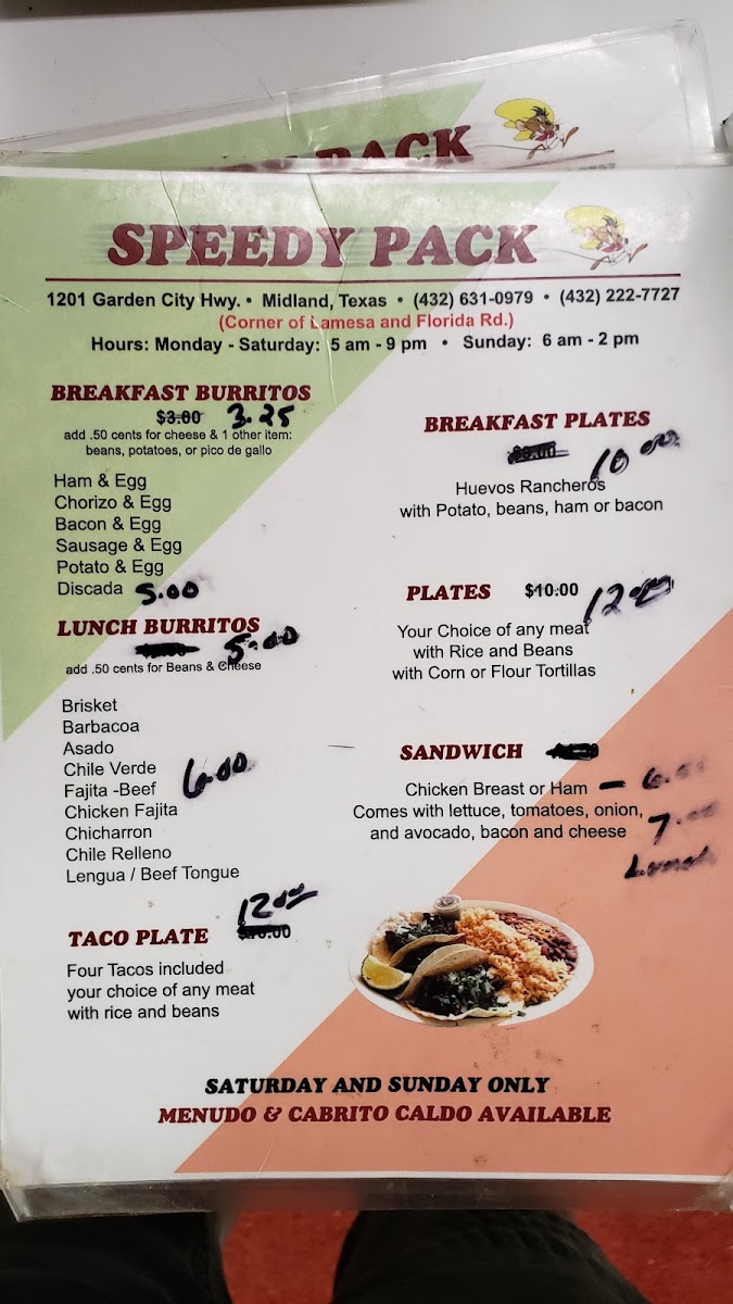 Olvera's Speedy Pack (Food) menu board
