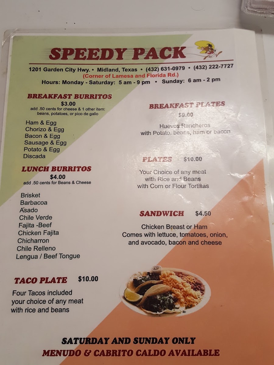 Olvera's Speedy Pack (Food) menu board