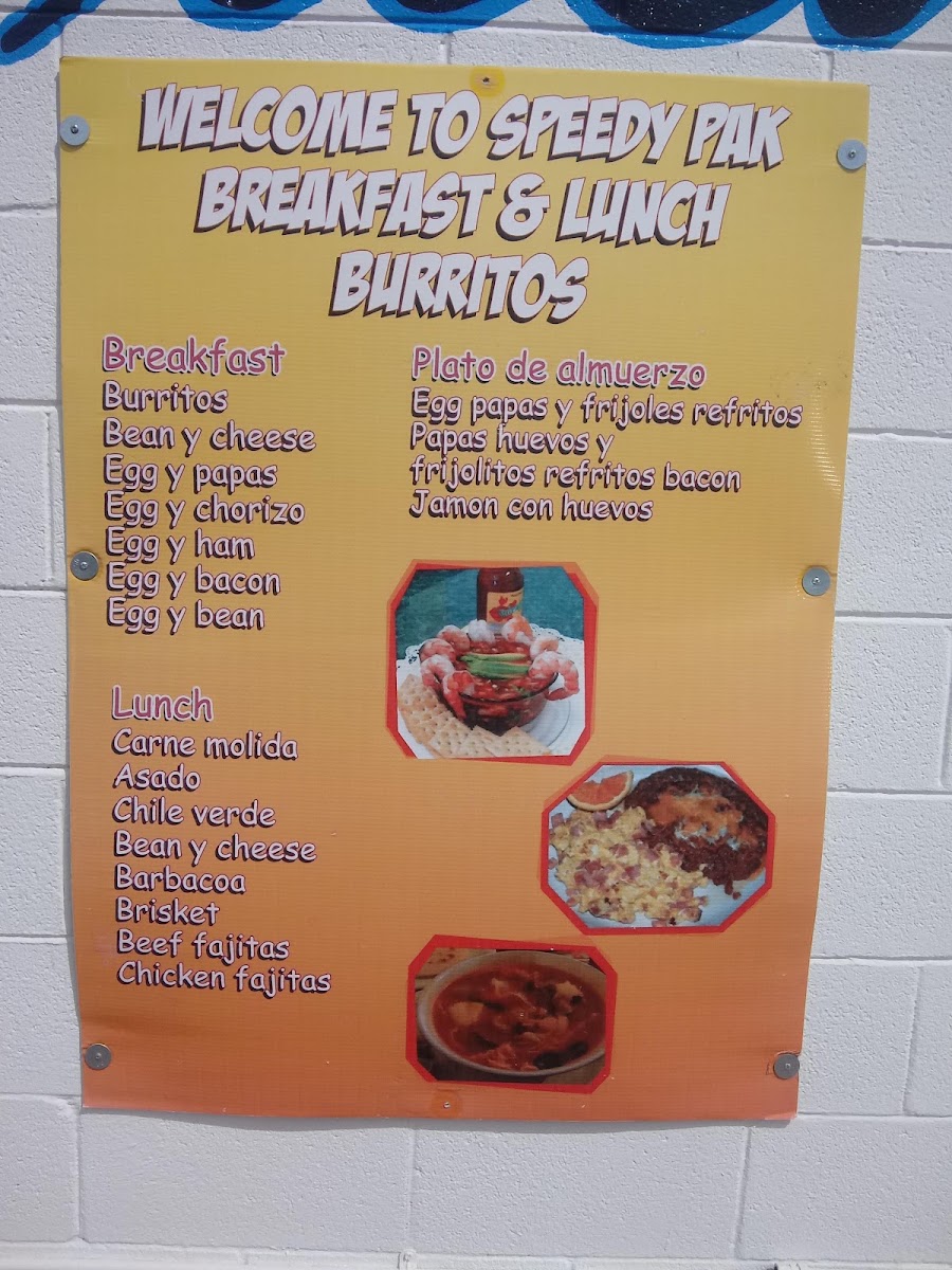 Olvera's Speedy Pack (Food) menu board