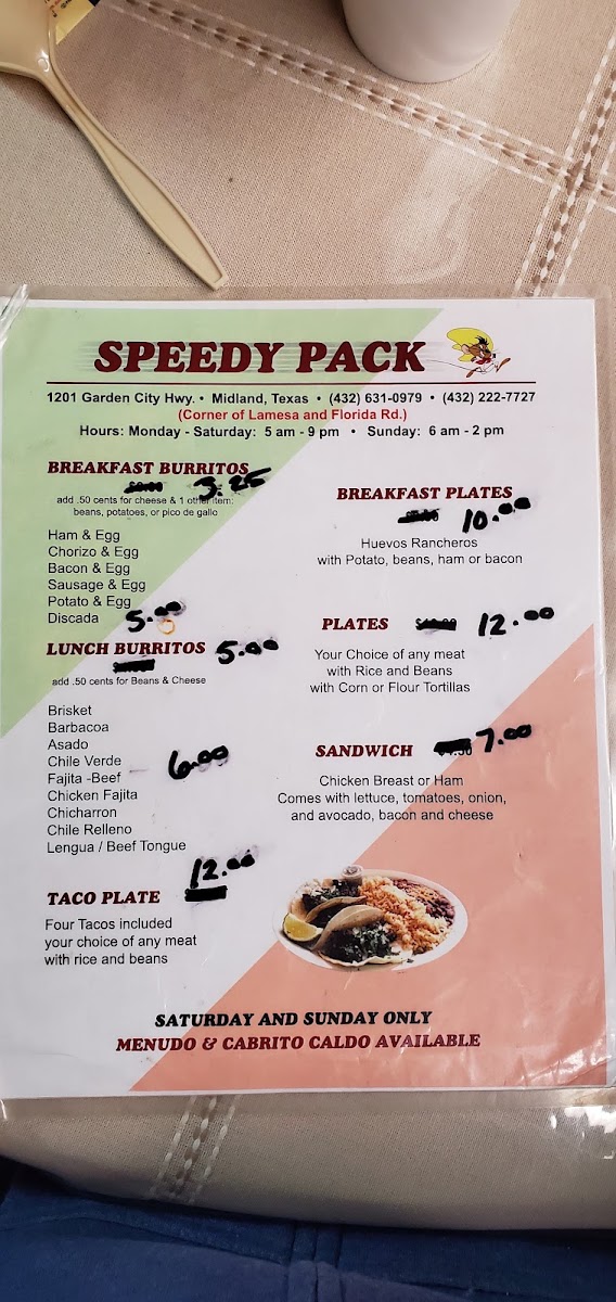 Olvera's Speedy Pack (Food) menu board