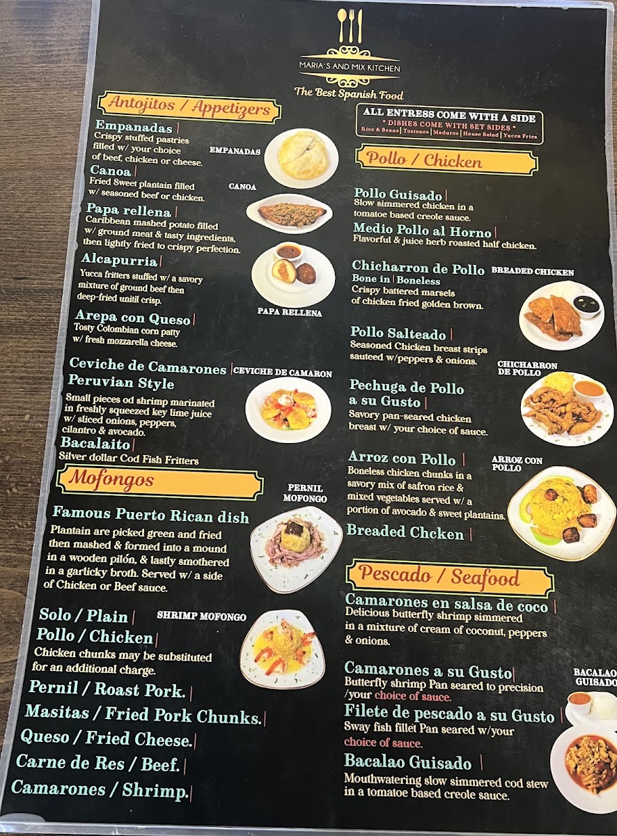 Maria's And Mix Kitchen menu board
