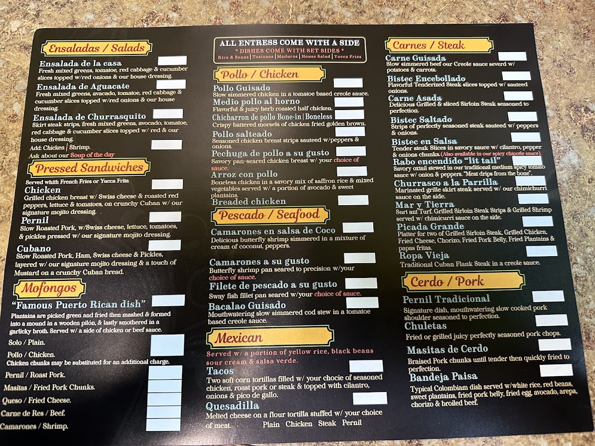 Maria's And Mix Kitchen menu board