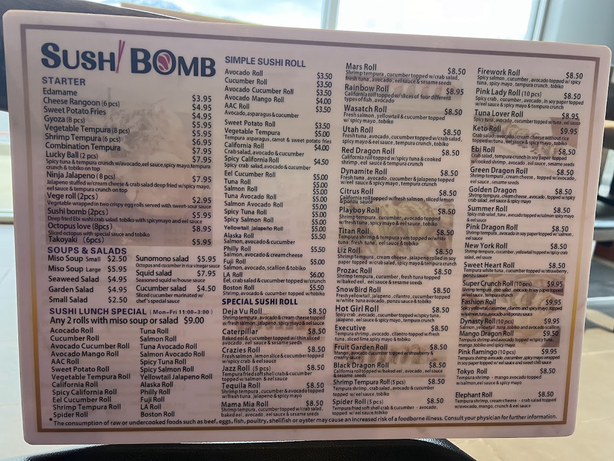 sushi bomb menu board