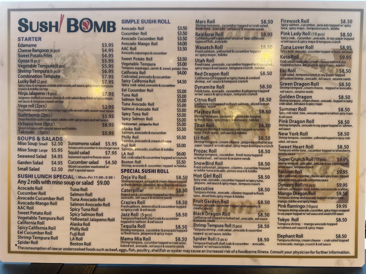 sushi bomb menu board