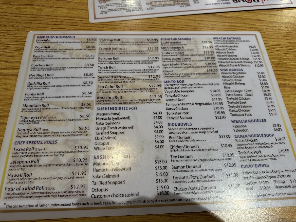sushi bomb menu board