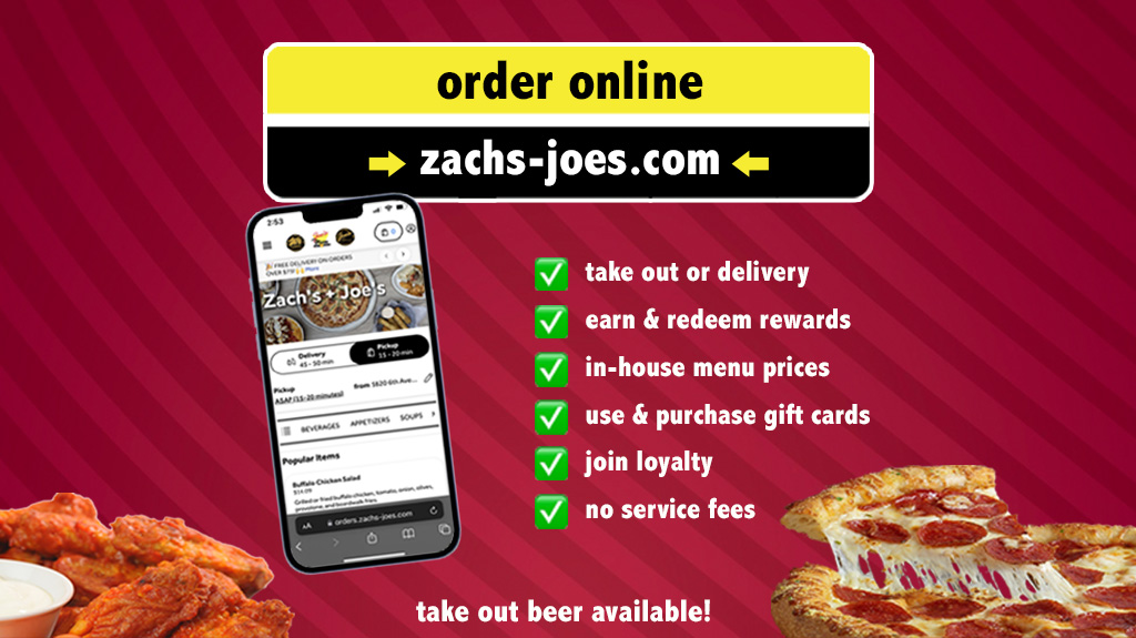 Joe's Pizza and 6 Pack menu board