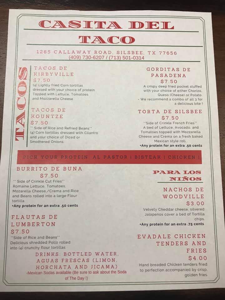 Casita Del Taco menu board