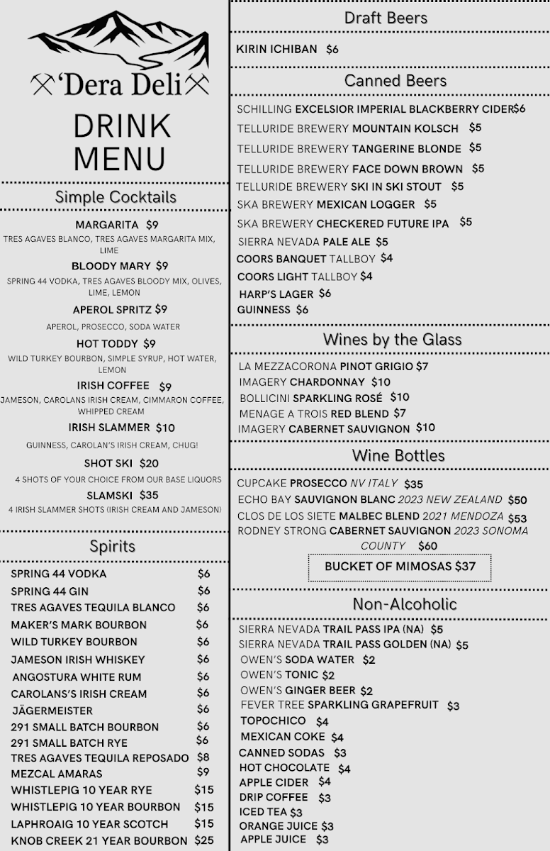 'Dera Deli and Bar menu board