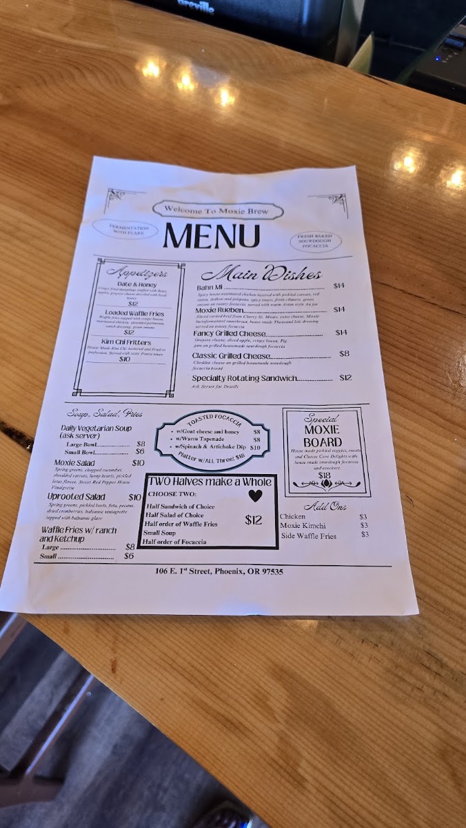 Moxie Brew menu board