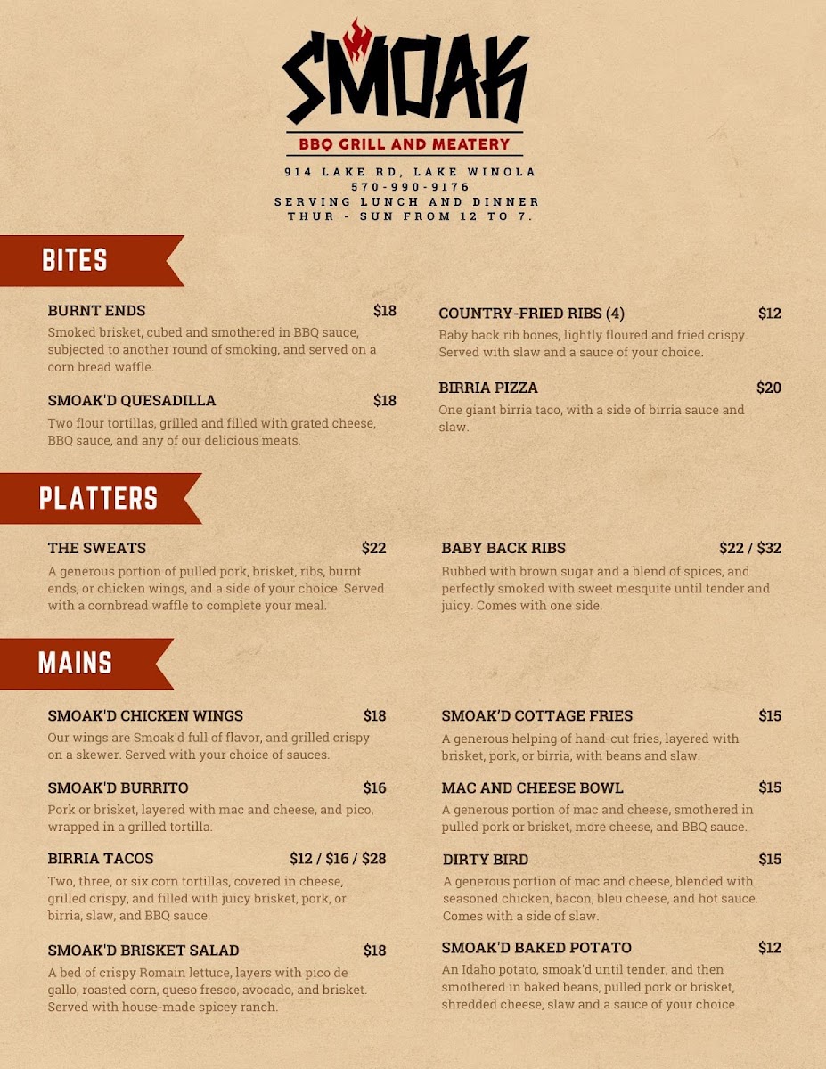 Smoak BBQ Grill & Meatery menu board