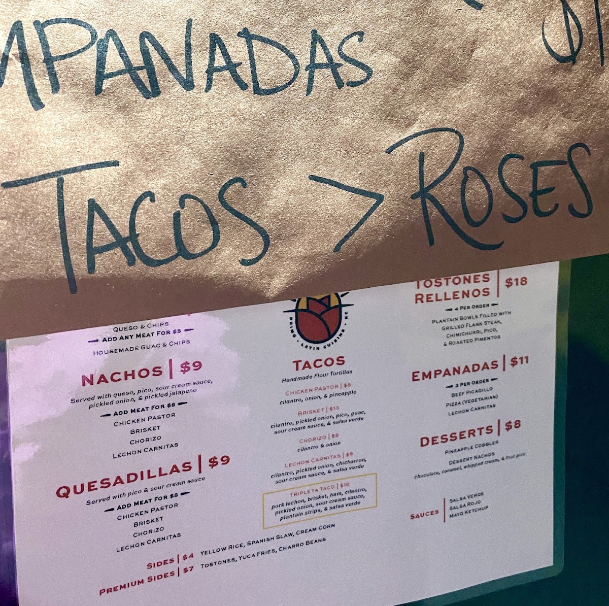 Primo Latin Cuisine menu board