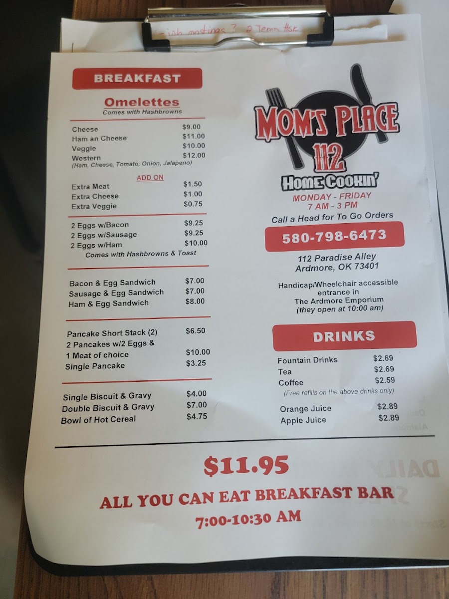 Mom's Place menu board
