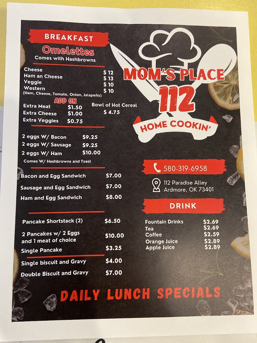 Mom's Place menu board