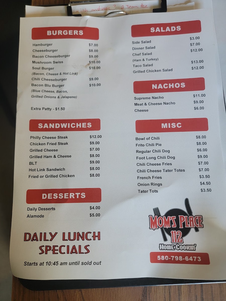 Mom's Place menu board