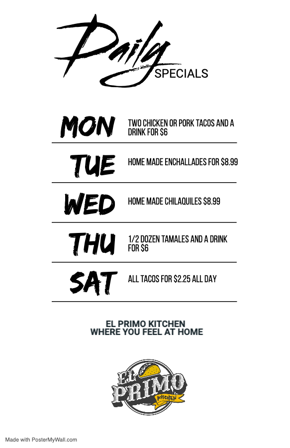 El Primo Kitchen menu board