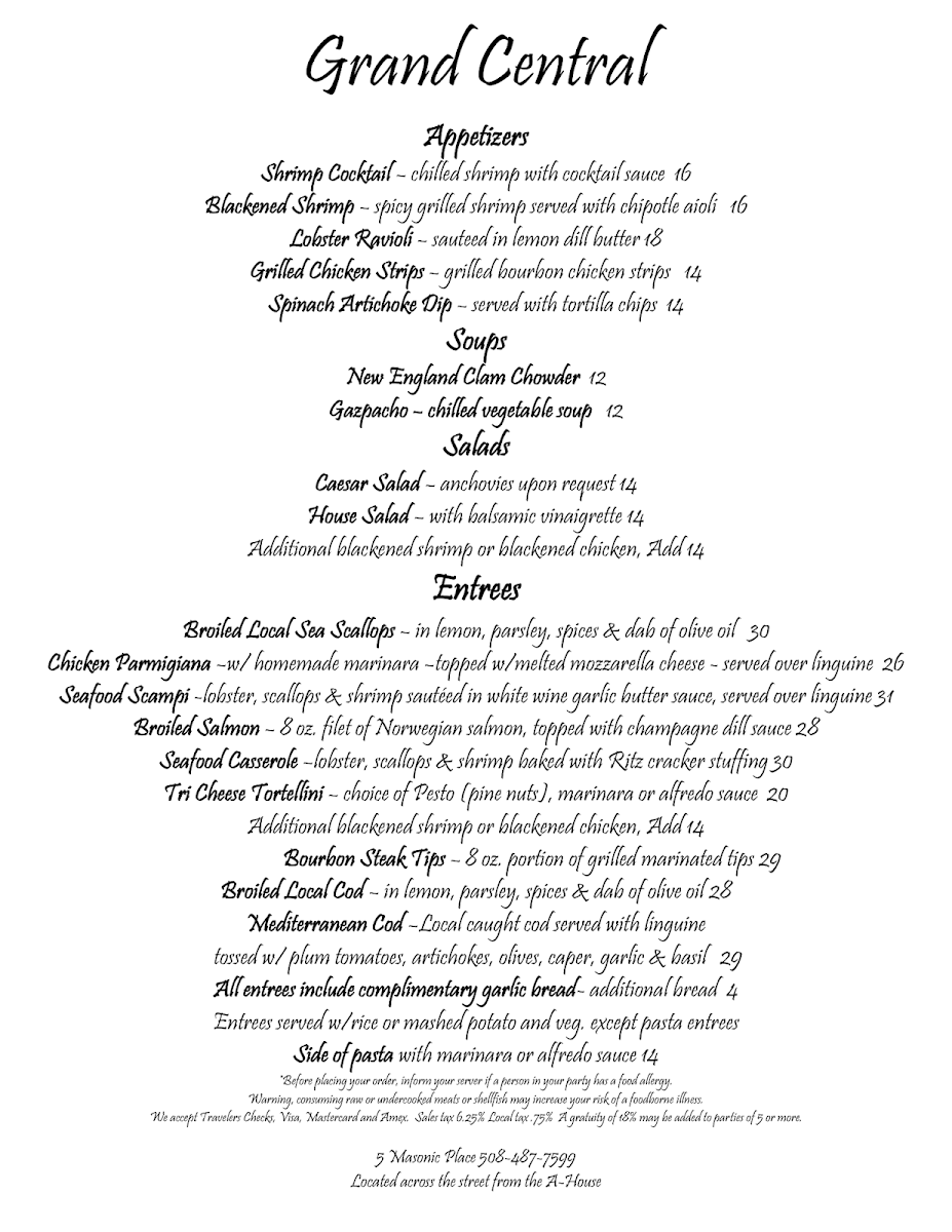 Grand Central Restaurant menu board