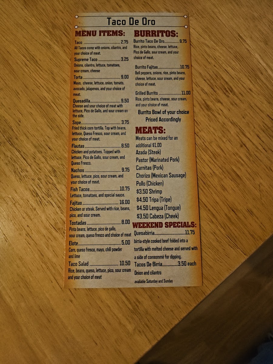 Taco De Oro menu board