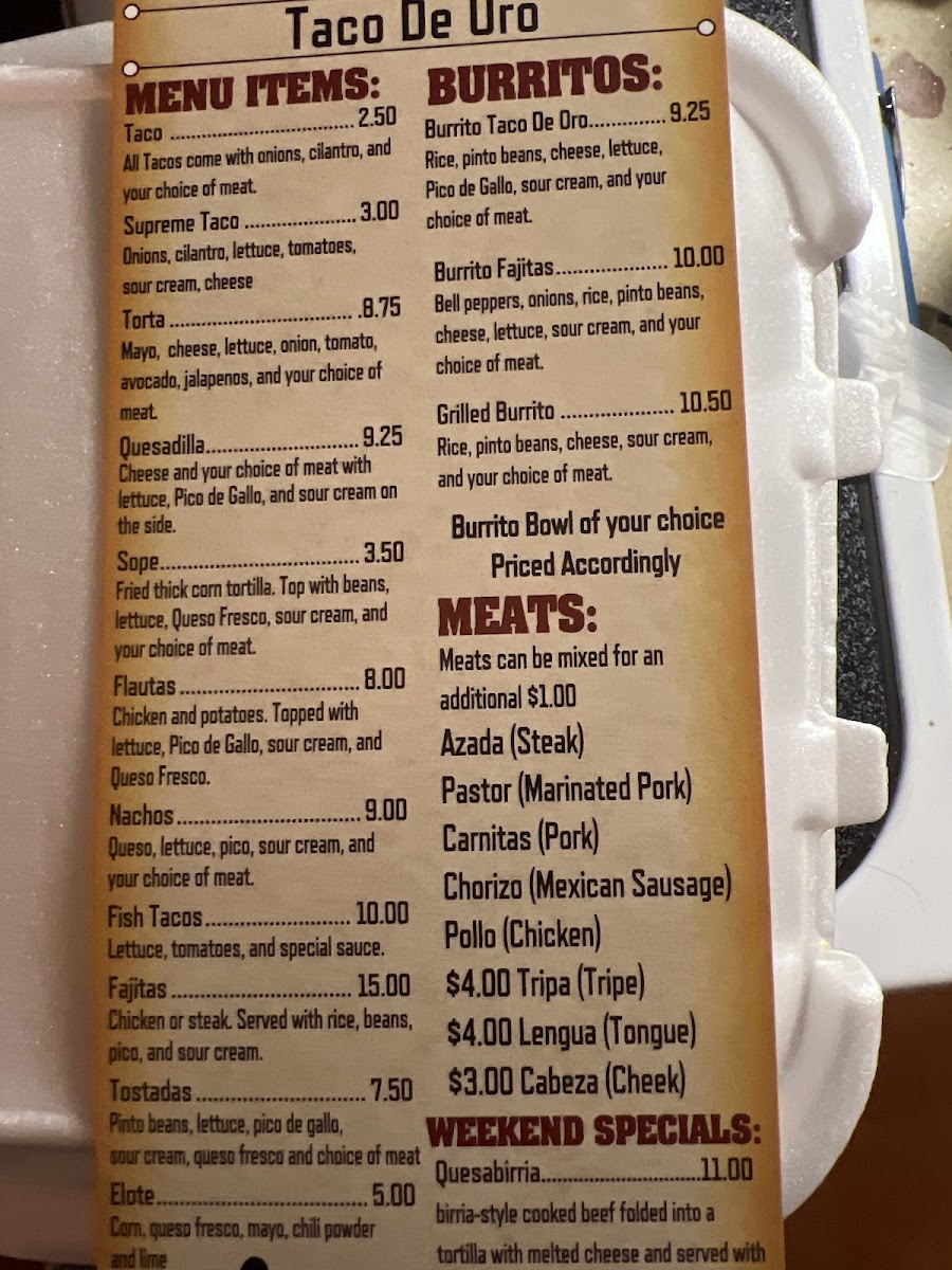 Taco De Oro menu board