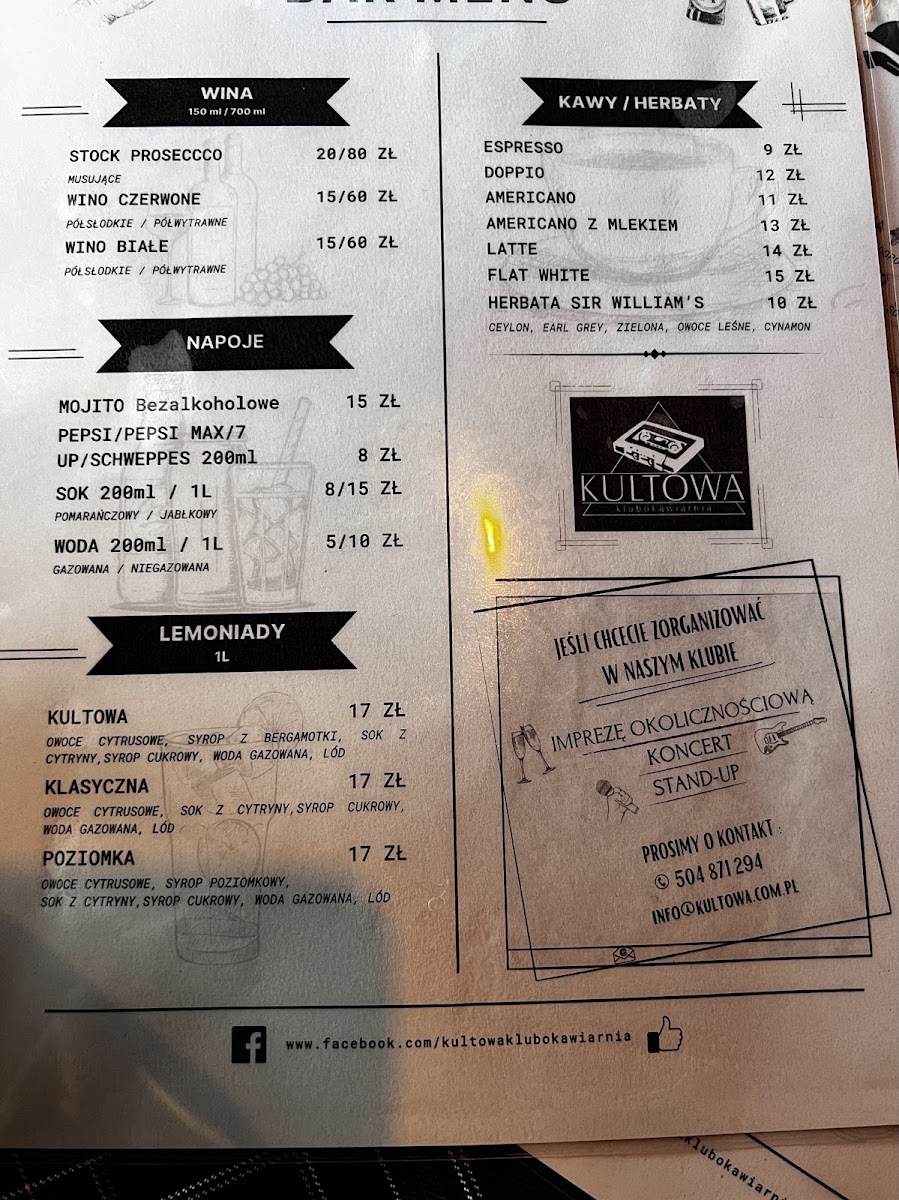 Kultowa Klubokawiarnia menu board