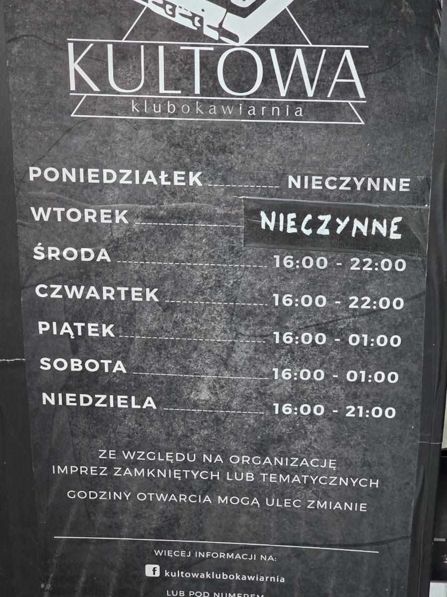 Kultowa Klubokawiarnia menu board