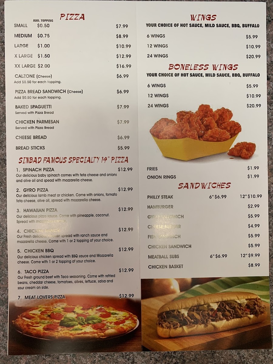 Sinbad's pizza and seafood menu board
