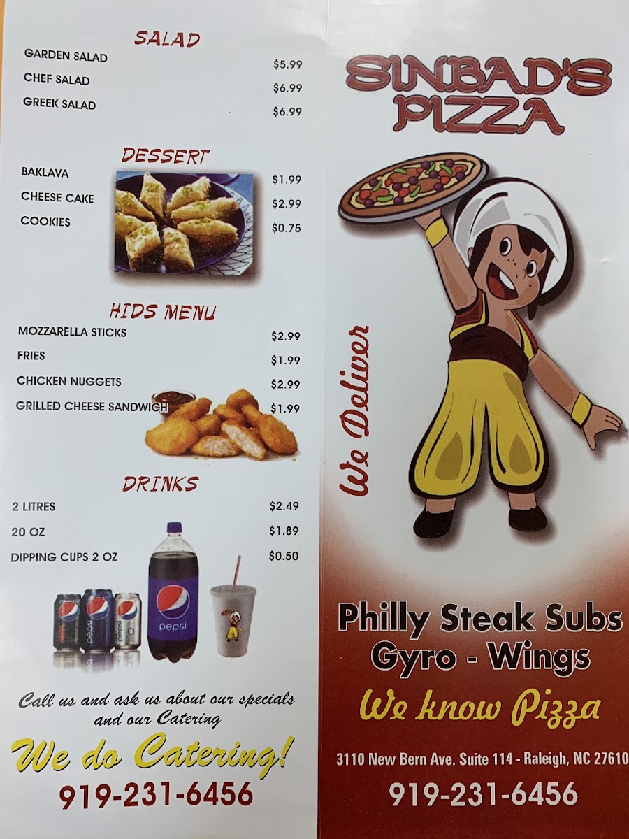 Sinbad's pizza and seafood menu board