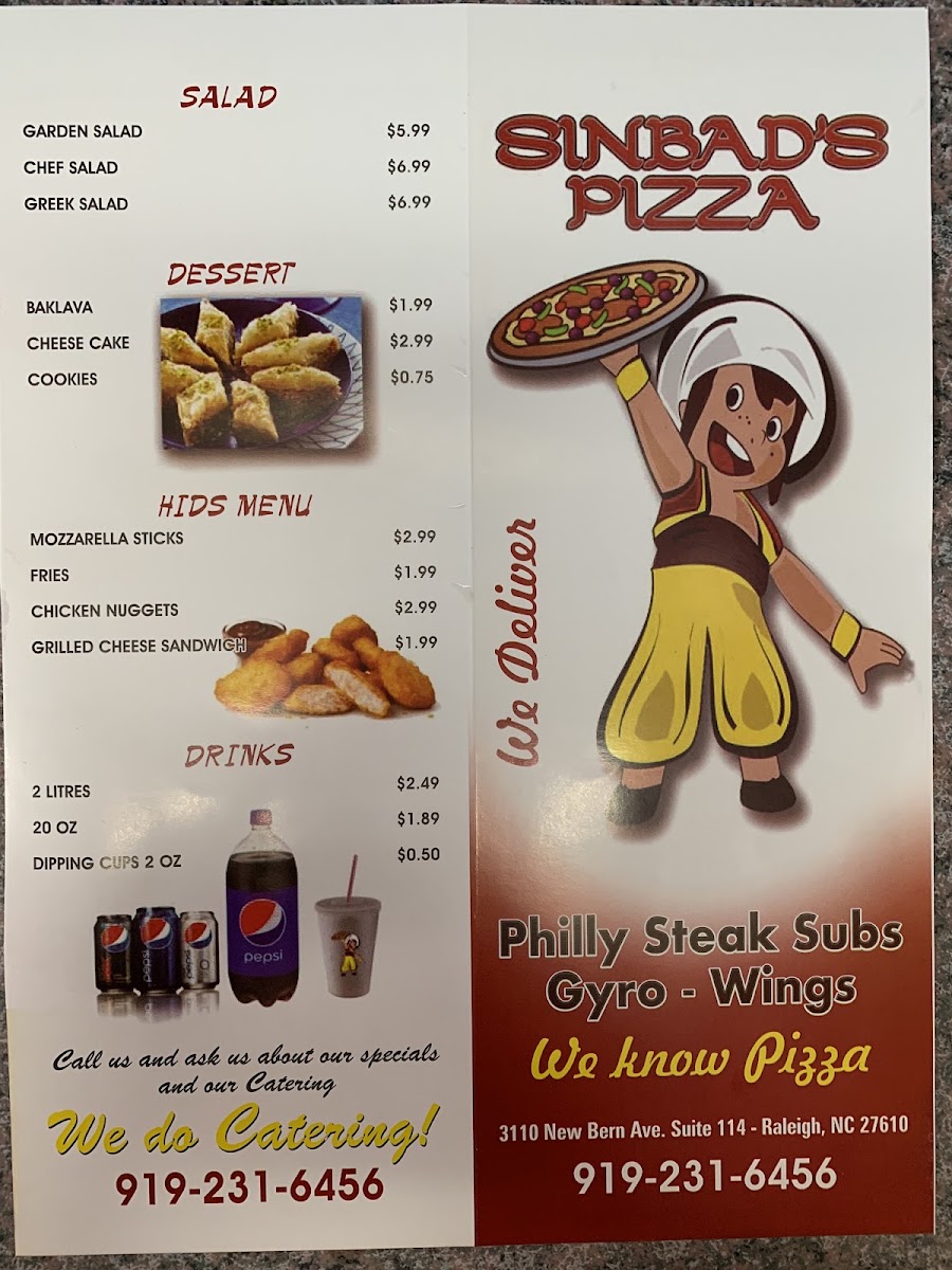 Sinbad's pizza and seafood menu board