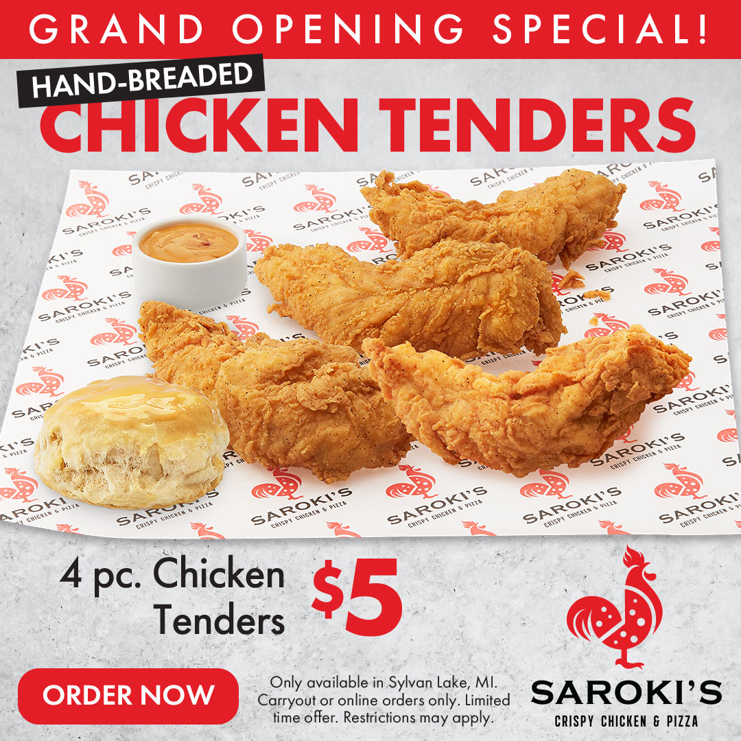 Saroki's Crispy Chicken & Pizza menu board