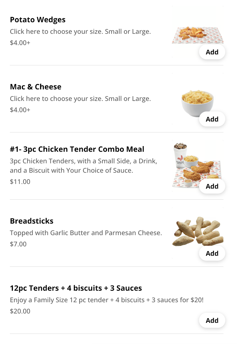 Saroki's Crispy Chicken & Pizza menu board