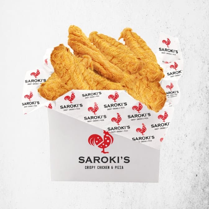 Saroki's Crispy Chicken & Pizza menu board