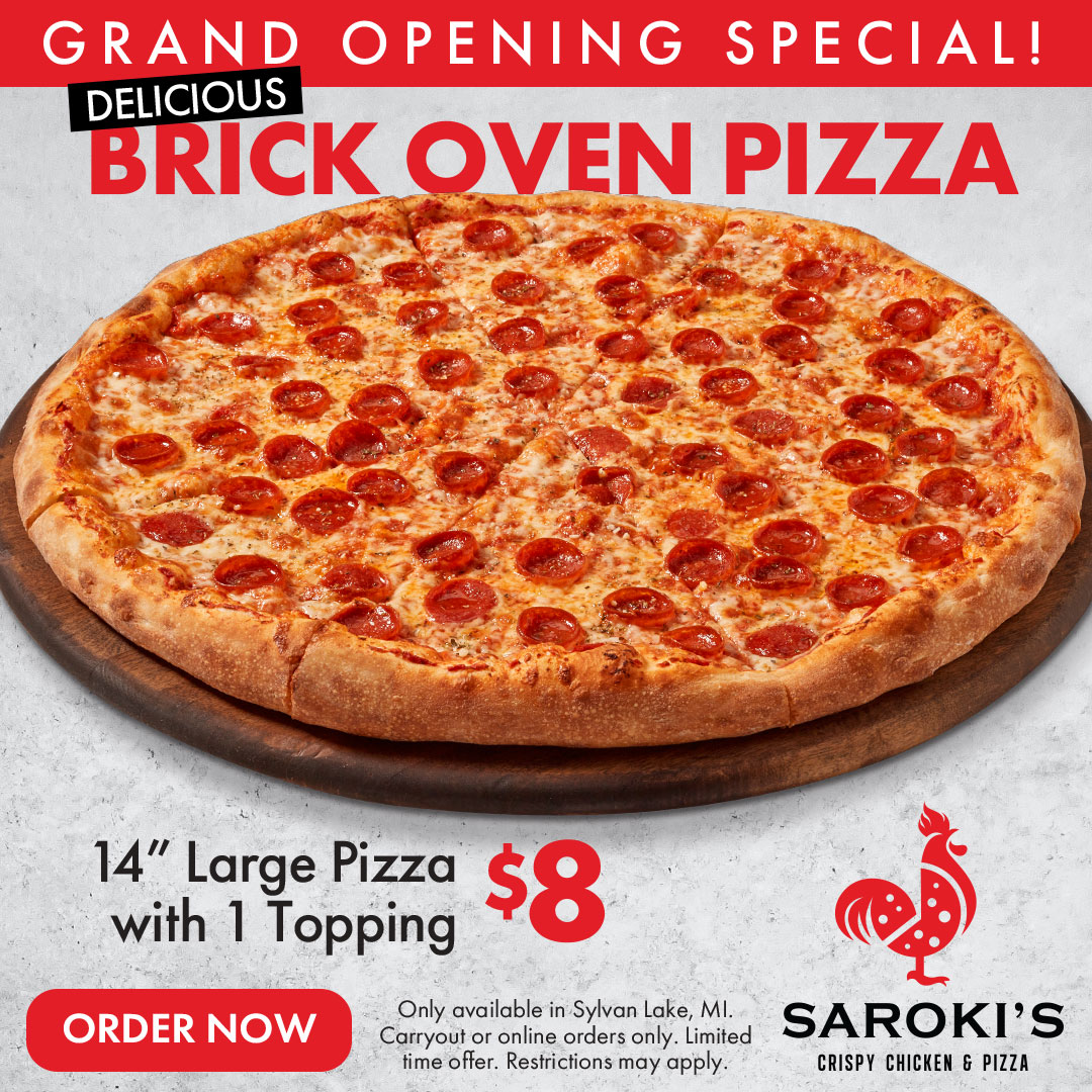 Saroki's Crispy Chicken & Pizza menu board