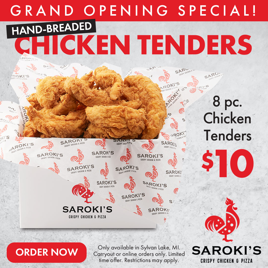 Saroki's Crispy Chicken & Pizza menu board