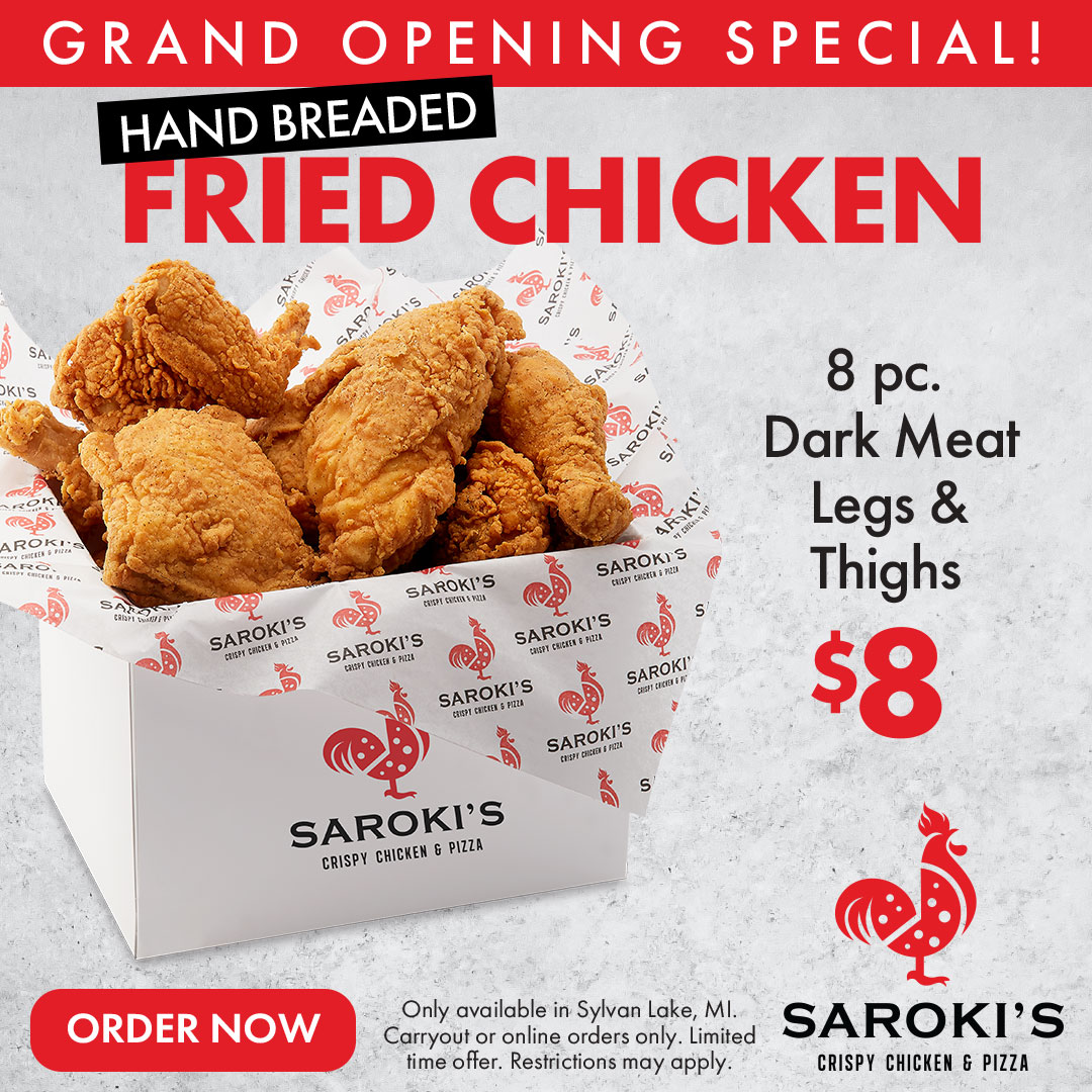 Saroki's Crispy Chicken & Pizza menu board