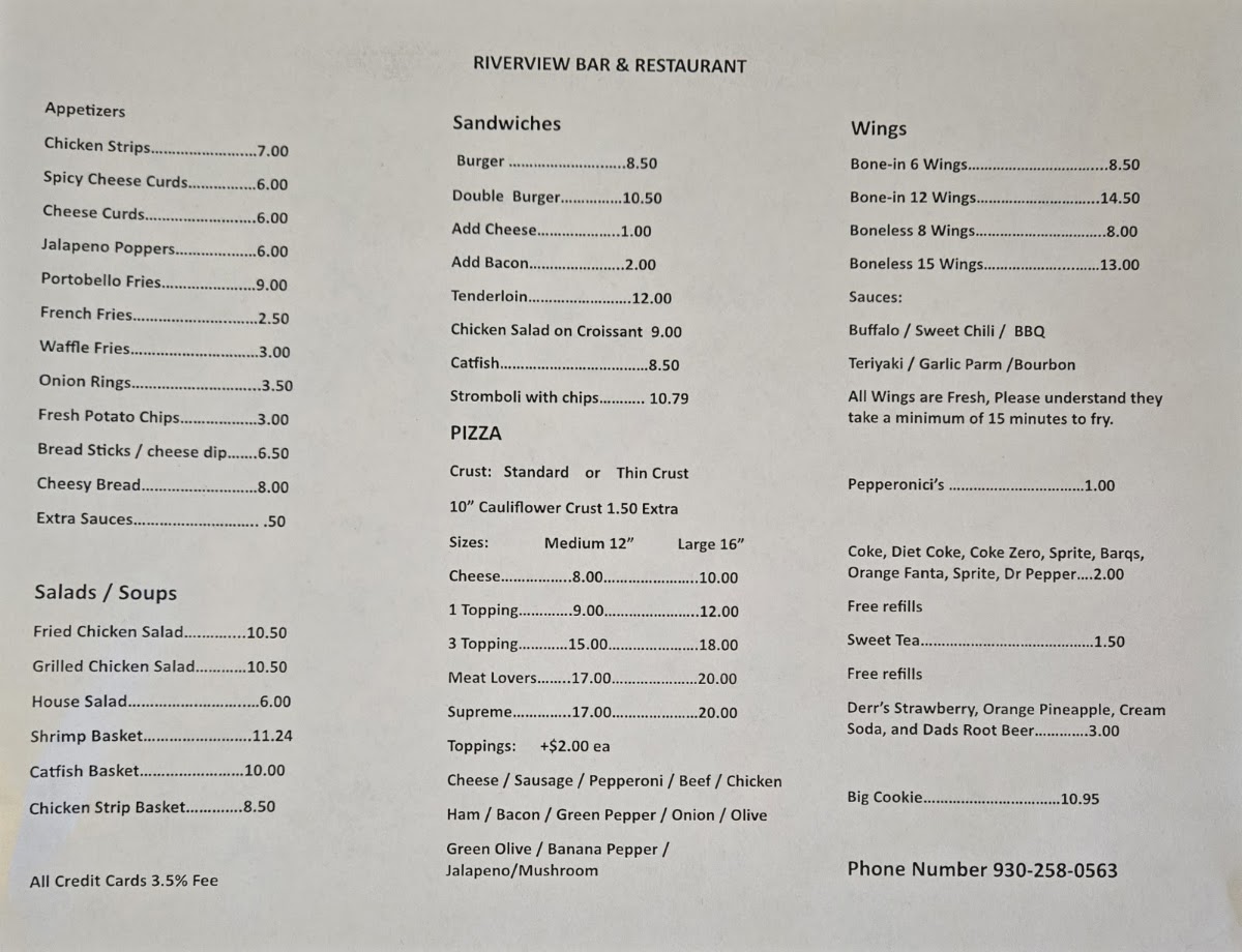 Riverview Bar and Grill menu board