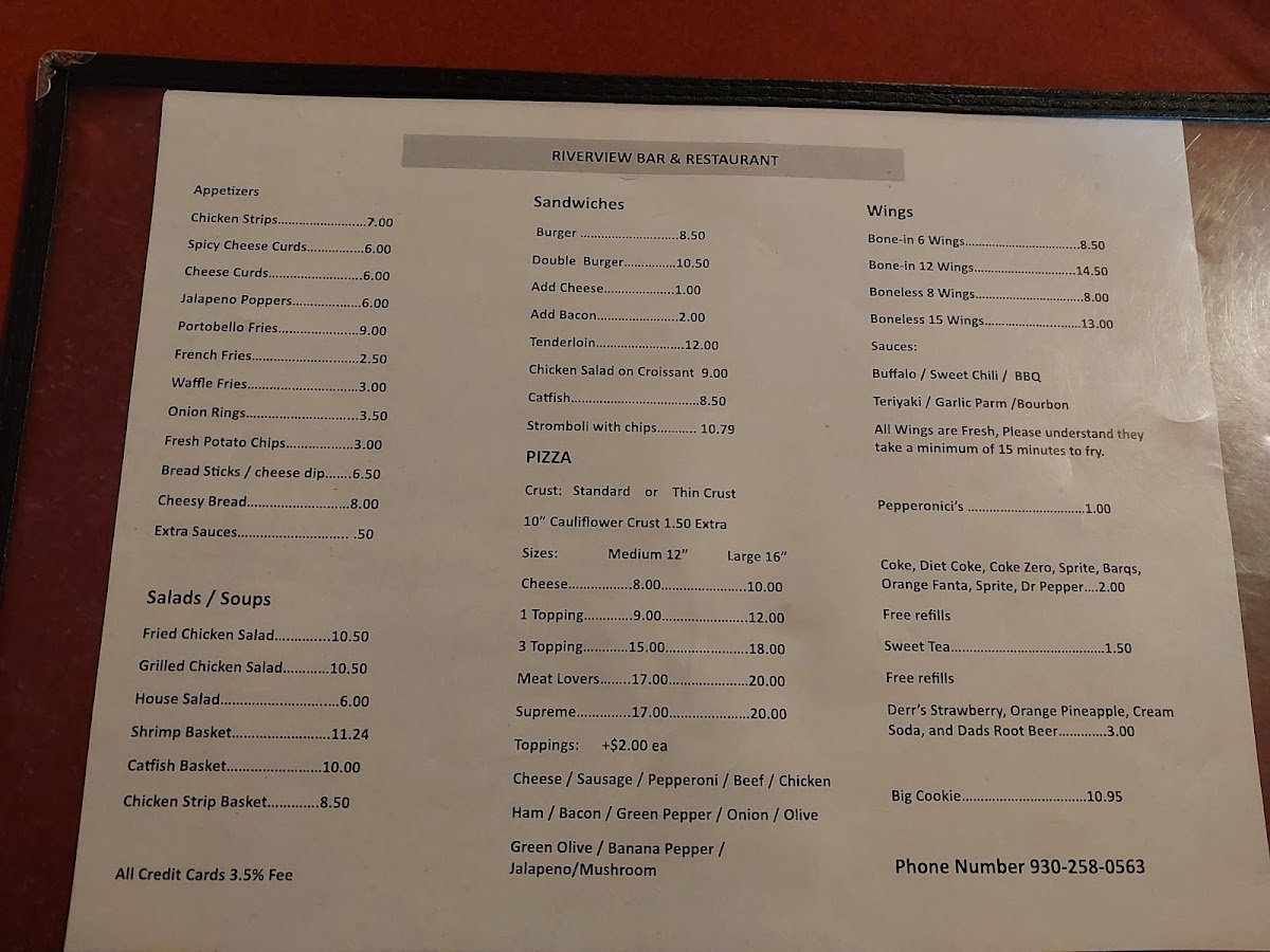 Riverview Bar and Grill menu board