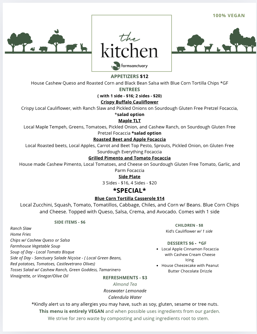The Kitchen at Farm Sanctuary menu board