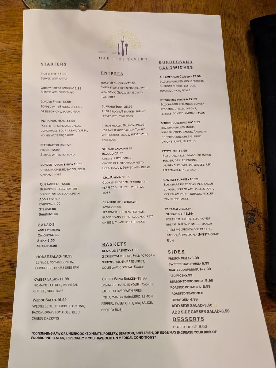 Oak Tree Tavern and Connie’s Pub menu board