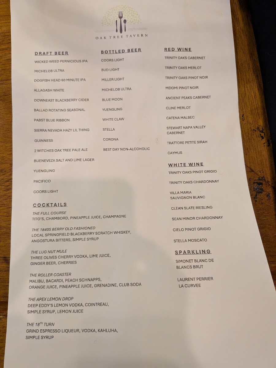 Oak Tree Tavern and Connie’s Pub menu board