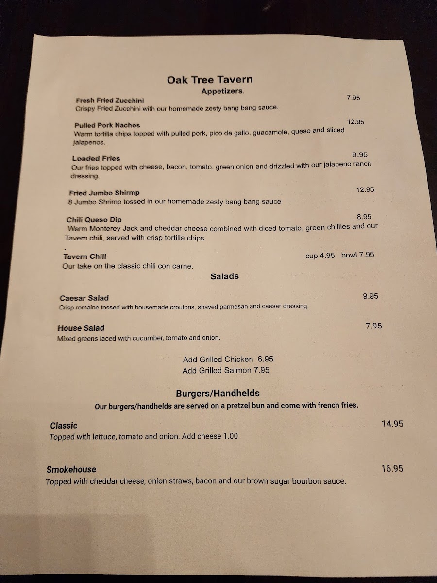 Oak Tree Tavern and Connie’s Pub menu board