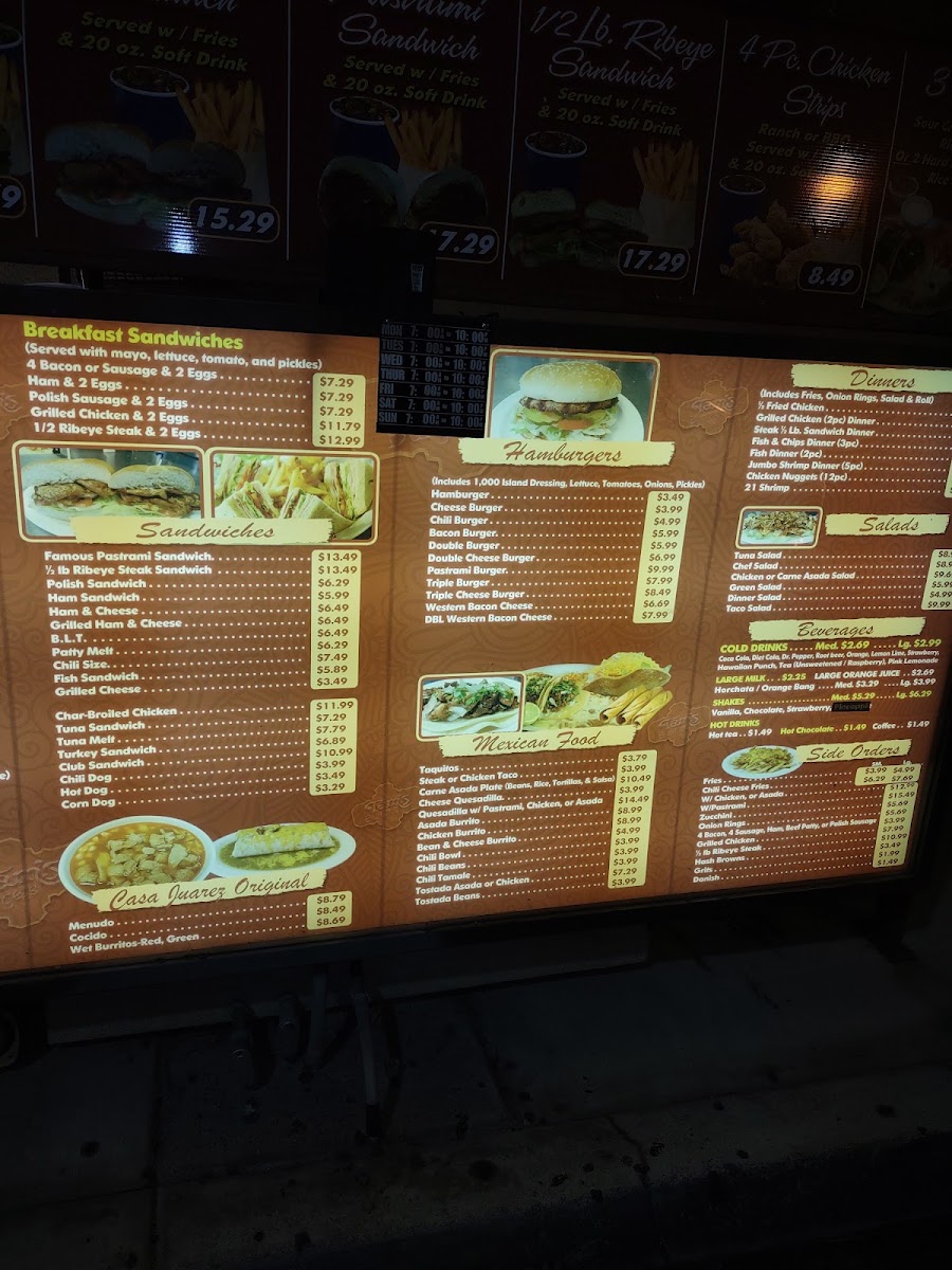 Tam's Burgers menu board